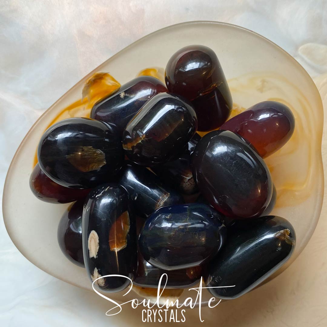 Soulmate Crystals Blue Amber Rare Tumbled Stone, Polished Dark Golden Amber Crystal for Peace, Stability, Spiritual Development, Fluoresces Blue