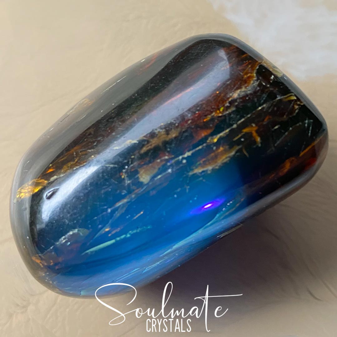 Soulmate Crystals Blue Amber Rare Tumbled Stone, Polished Dark Golden Amber Crystal for Peace, Stability, Spiritual Development, Fluoresces Blue, Size XL, Extra Large