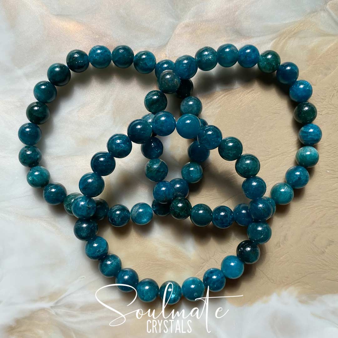 Soulmate Crystals Blue Apatite Polished Crystal Bracelet, Dark Teal Blue Crystal for Big Goals, Clarity, Self-Expression and Confidence