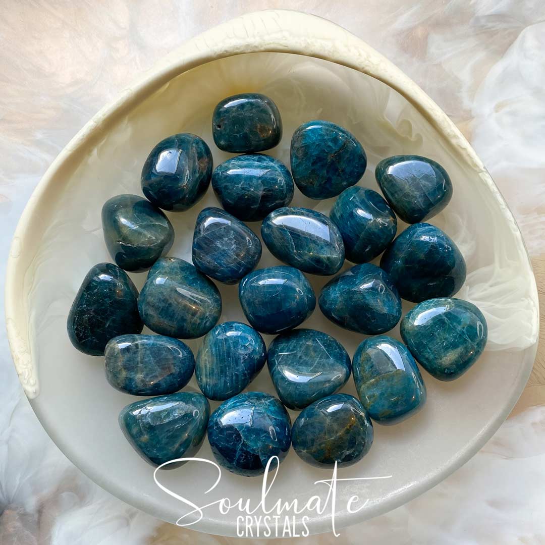 Soulmate Crystals Blue Apatite Tumbled Stone, Polished Dark Teal Blue Crystal for Big Goals, Clarity, Self-Expression and Confidence