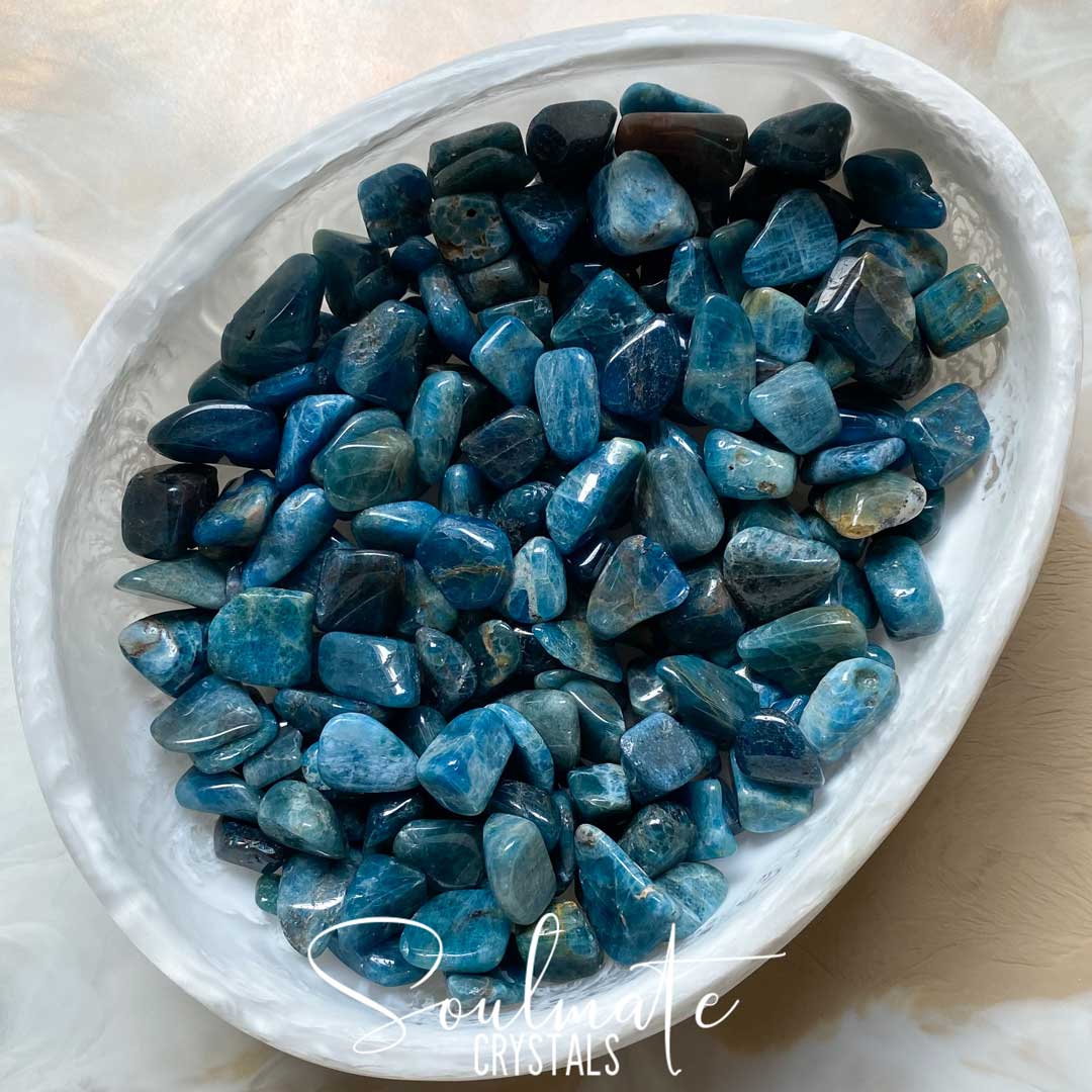 Soulmate Crystals Blue Apatite Tumbled Stone, Polished Dark Teal Blue Crystal for Big Goals, Clarity, Self-Expression and Confidence