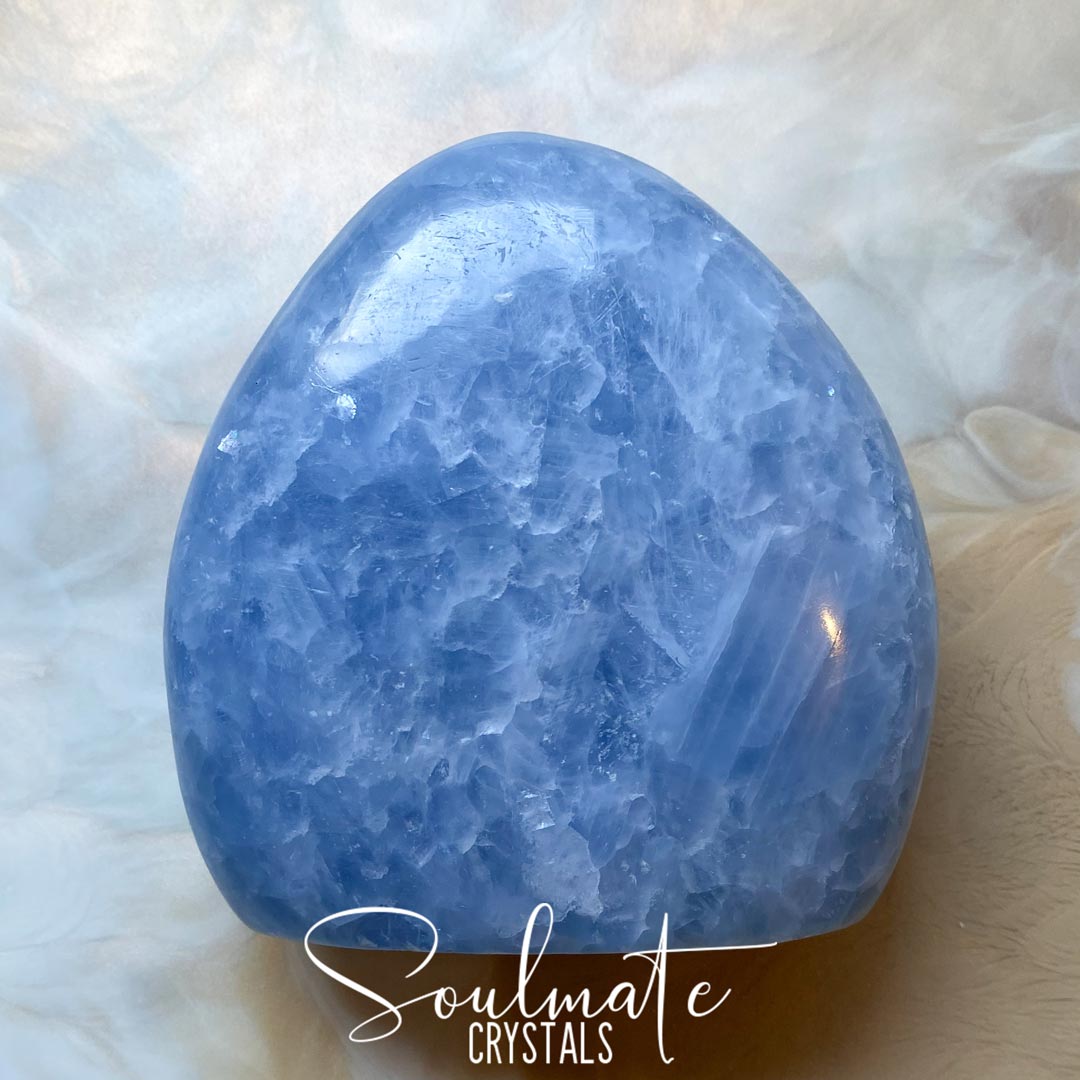 Soulmate Crystals Blue Calcite Polished Crystal Freeform, Polished Light Blue Crystal for Calm, Relaxation and Clear Communication.