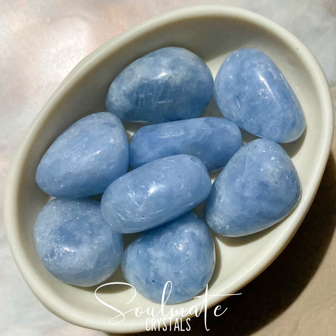 Soulmate Crystals Blue Calcite Tumbled Stone, Polished Light Blue Crystal for Calm, Relaxation and Clear Communication.