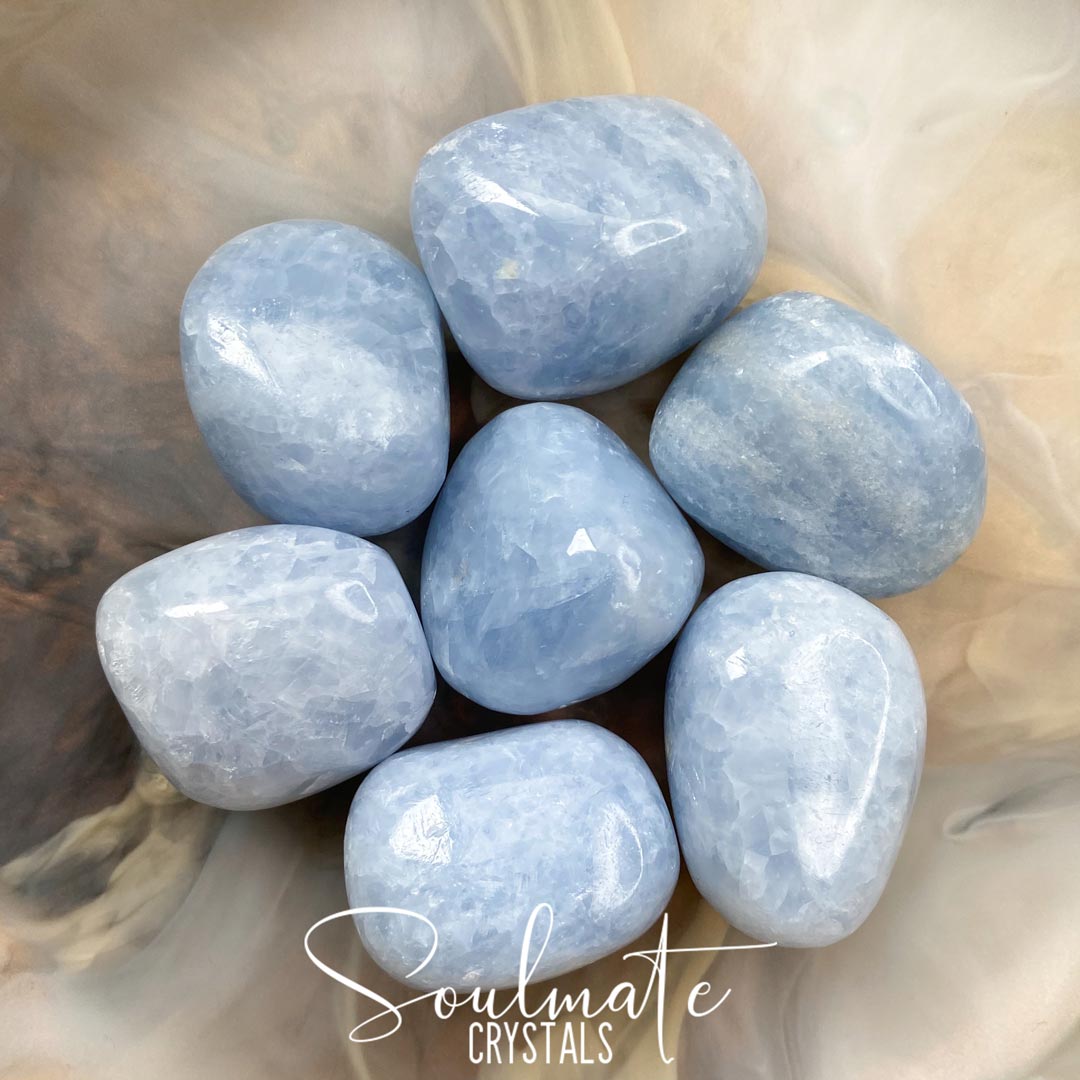 Soulmate Crystals Blue Calcite Tumbled Stone, Polished Light Blue Crystal for Calm, Relaxation and Clear Communication, Size XL, Extra Large, Extra Quality Grade