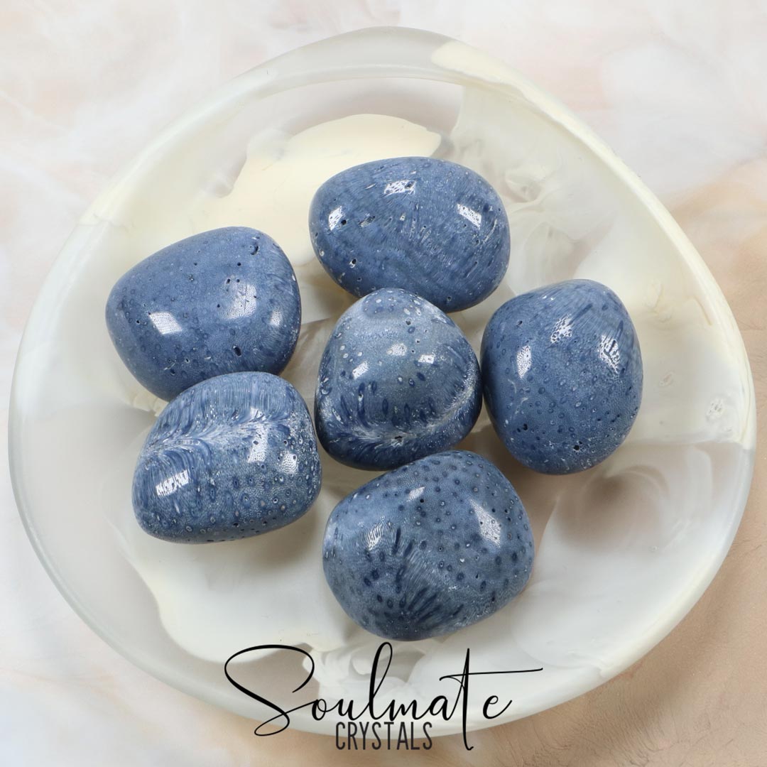 Soulmate Crystals Blue Coral Tumbled Stone, Polished Cornflower Blue Bio-Crystal for Calming Strength, Protection Water-Related Travel, Size Large