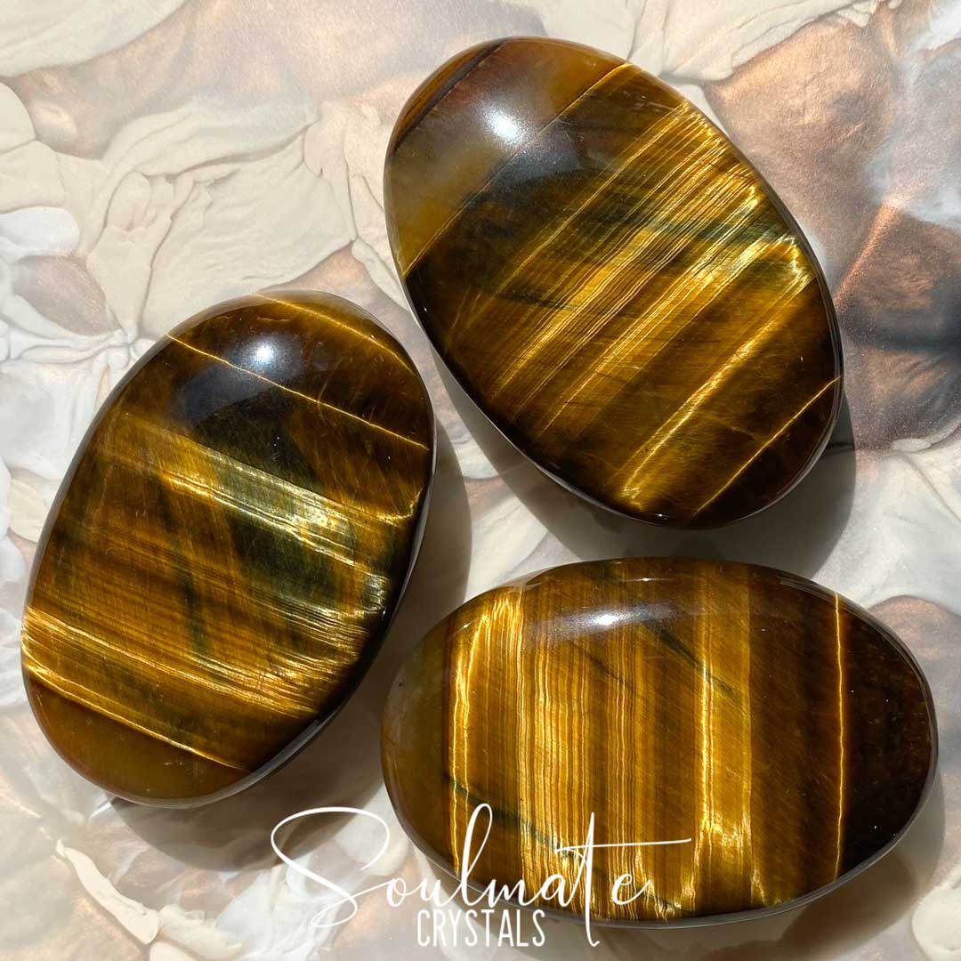 Soulmate Crystals Blue Gold Tiger’s Eye Polished Palm Stone, Chatoyant Gold Blue Crystal for Wisdom, Guidance and Protection
