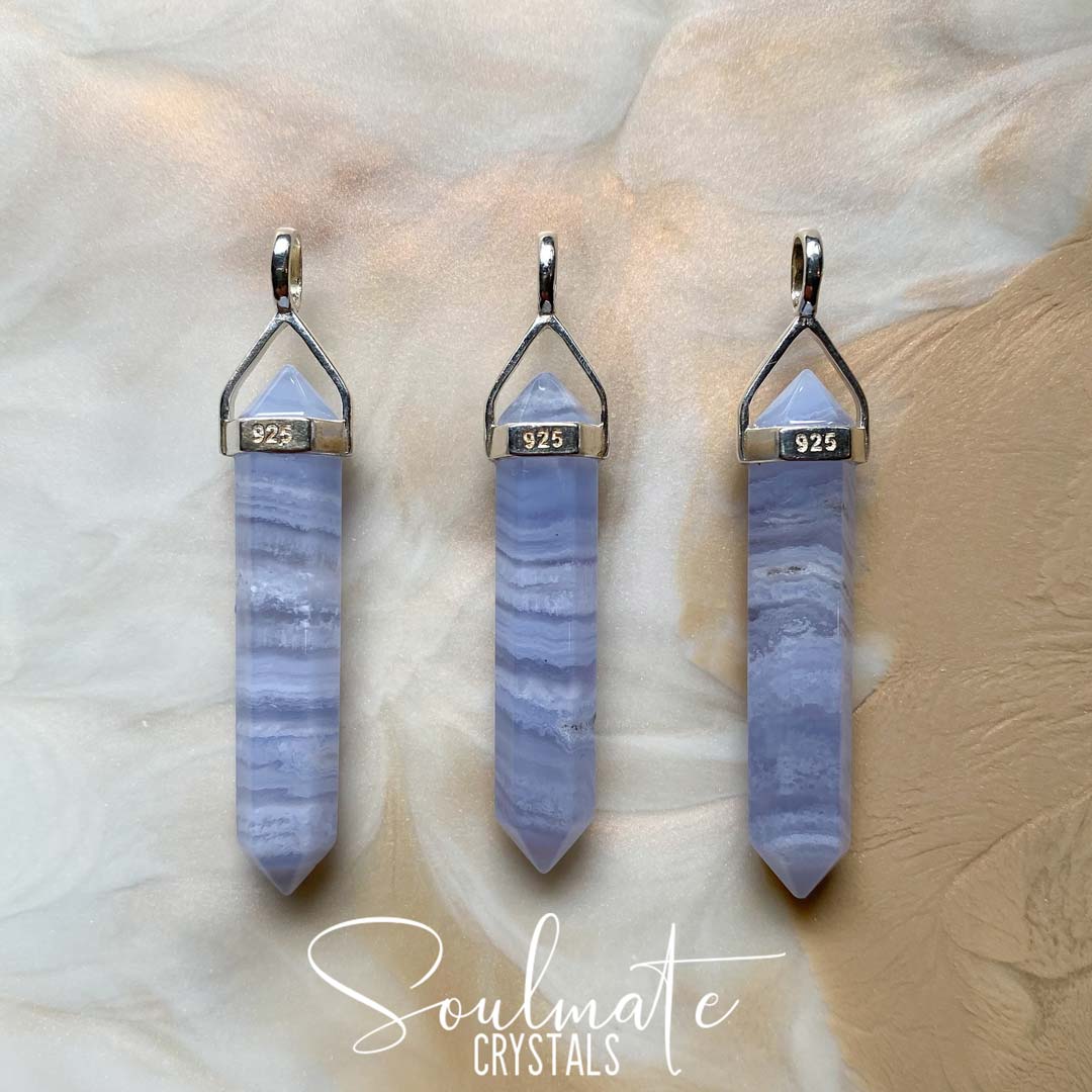 Soulmate Crystals Blue Lace Agate Sterling Silver Double-Terminated Crystal Pendant, Polished White Banded, Light Blue Crystal for Calm, Communication and Self-Expression.