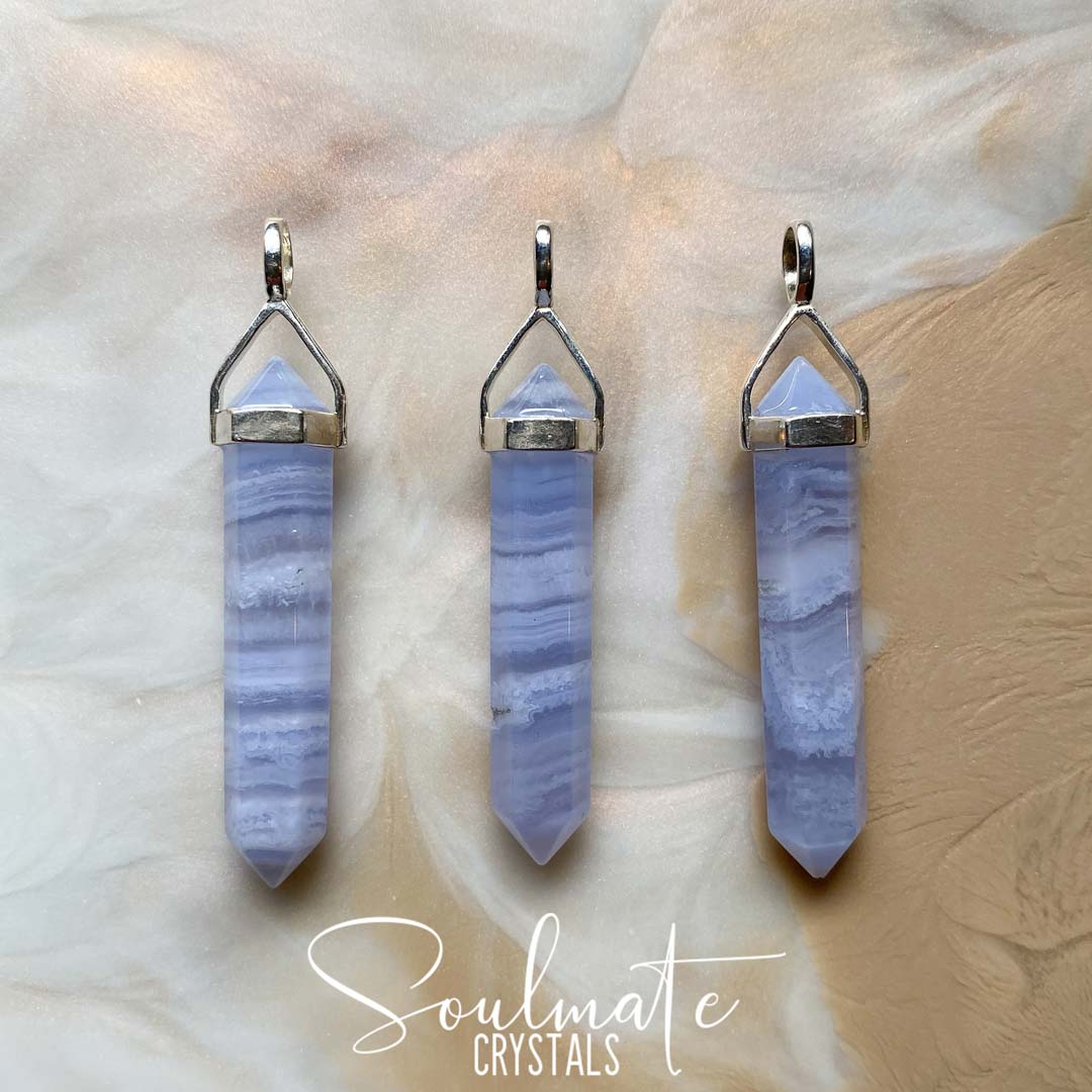Soulmate Crystals Blue Lace Agate Sterling Silver Double-Terminated Crystal Pendant, Polished White Banded, Light Blue Crystal for Calm, Communication and Self-Expression.
