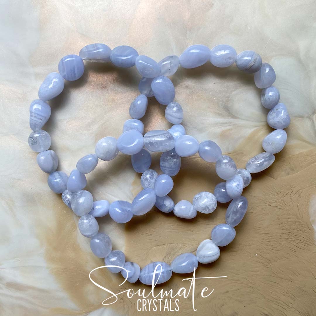 Soulmate Crystals Blue Lace Agate Polished Crystal Bracelet Tumbled, Polished White Banded, Light Blue Crystal for Calm, Communication and Self-Expression, Jewellery, Crystal Jewellery, Beaded Bracelet.