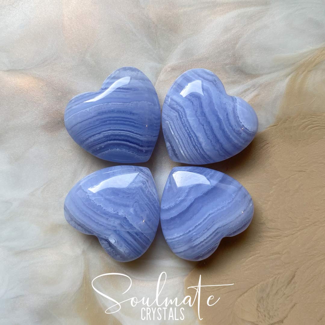 Soulmate Crystals Blue Lace Agate Polished Crystal Heart, Polished White Banded, Light Blue Crystal for Calm, Communication and Self-Expression