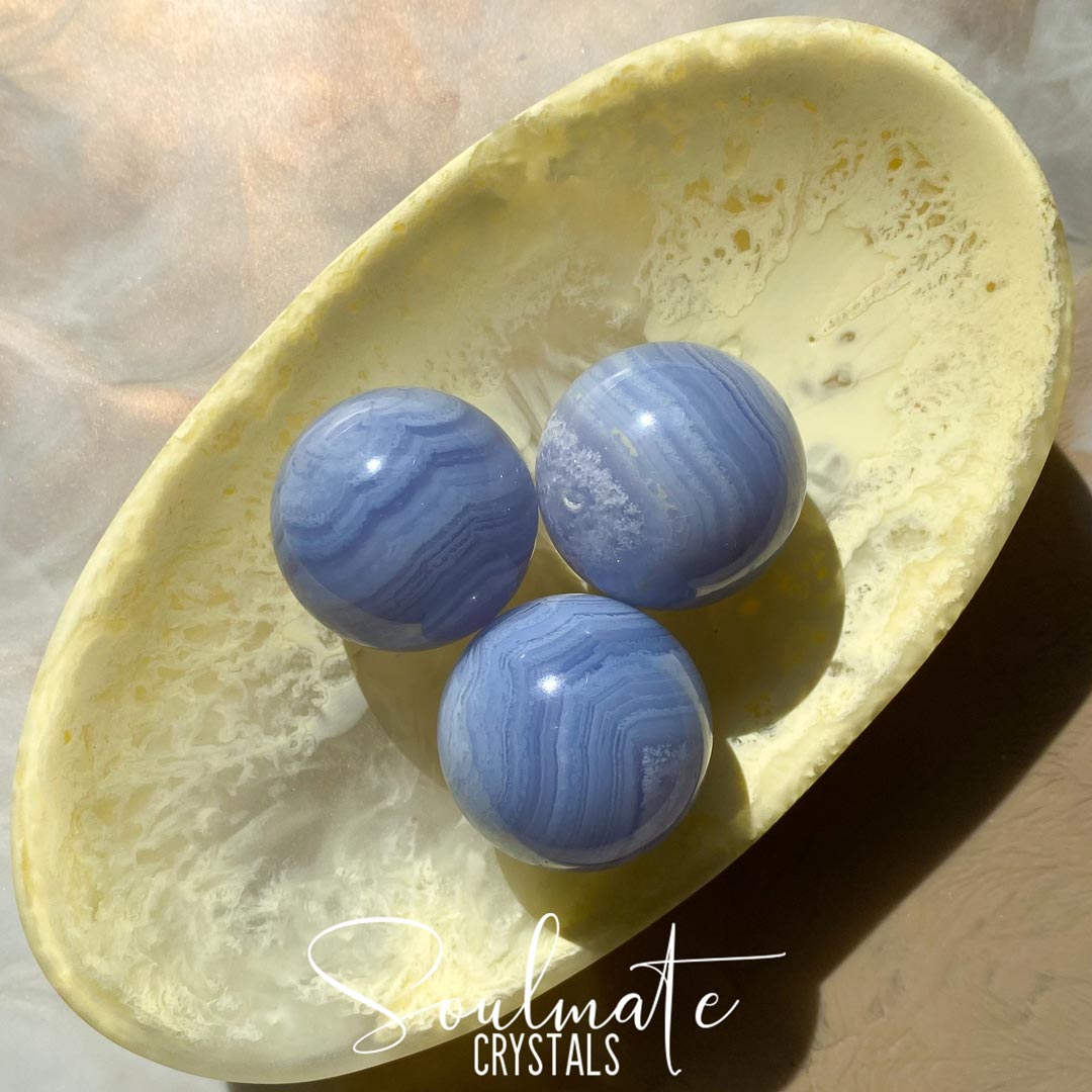 Soulmate Crystals Blue Lace Agate Polished Mini Sphere 25mm, White Banded, Light Blue Crystal for Calm, Communication and Self-Expression