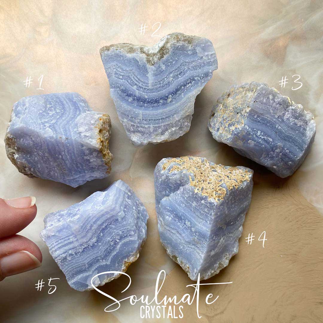 Soulmate Crystals Blue Lace Agate Raw Natural Stone, White Banded, Light Blue Crystal for Calm, Communication and Self-Expression.