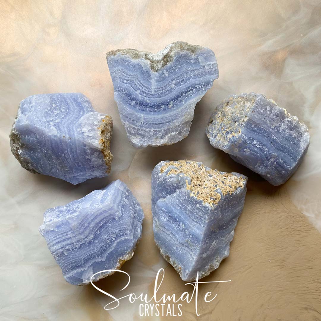 Soulmate Crystals Blue Lace Agate Raw Natural Stone, White Banded, Light Blue Crystal for Calm, Communication and Self-Expression.