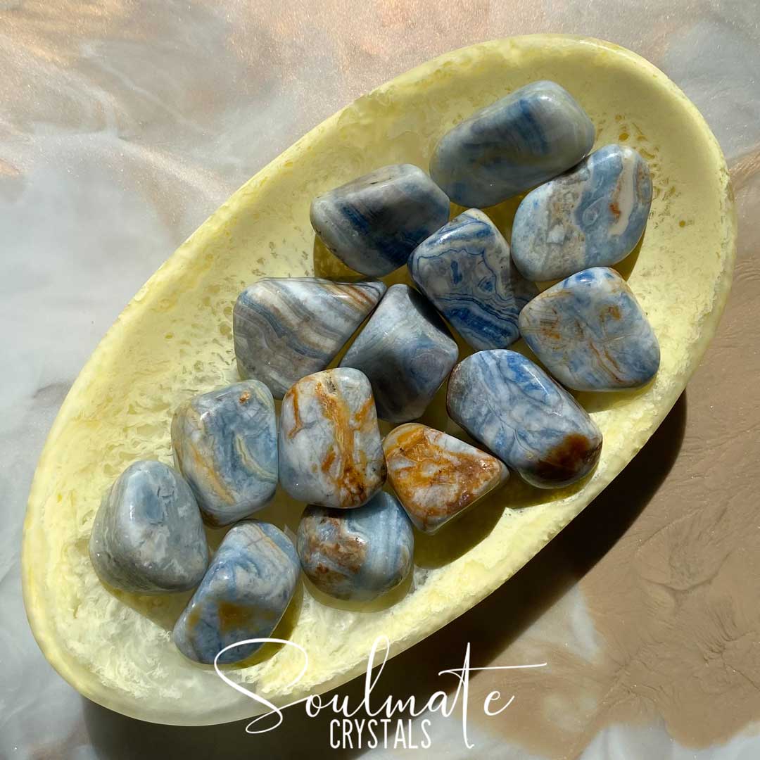 Soulmate Crystals Blue Lace Scheelite Tumbled Stone, Polished Banded, Yellow Inclusions Blue and White Crystal for Calm, Meditation