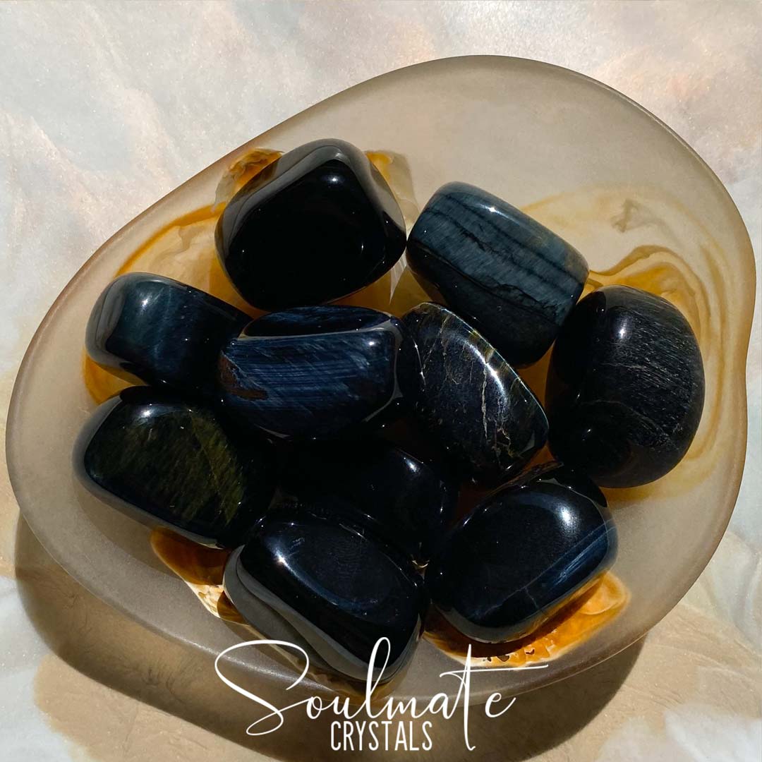 Soulmate Crystals Blue Tiger&#39;s Eye Tumbled Stone, Chatoyant Deep Blue Crystal for Protection, Wisdom, Connectedness