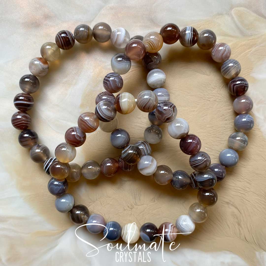 Soulmate Crystals Botswana Agate Polished Crystal Bracelet, Banded Brown, Grey, Neutral Toned Crystal for Visioning, Mental Clarity, Stability, Self-Confidence, Nurturing, Comfort, Protection, Strength.