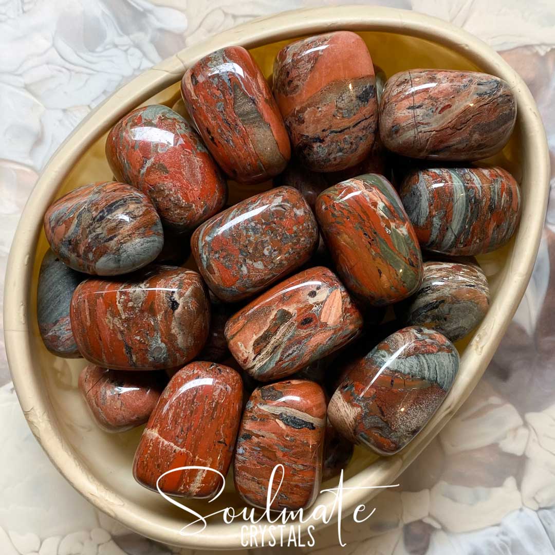 Soulmate Crystals Brecciated Jasper Tumbled Stone, Polished Hematite Inclusion, Dark Brick Red Crystal for Grounding, Protection, Strength, Vitality.