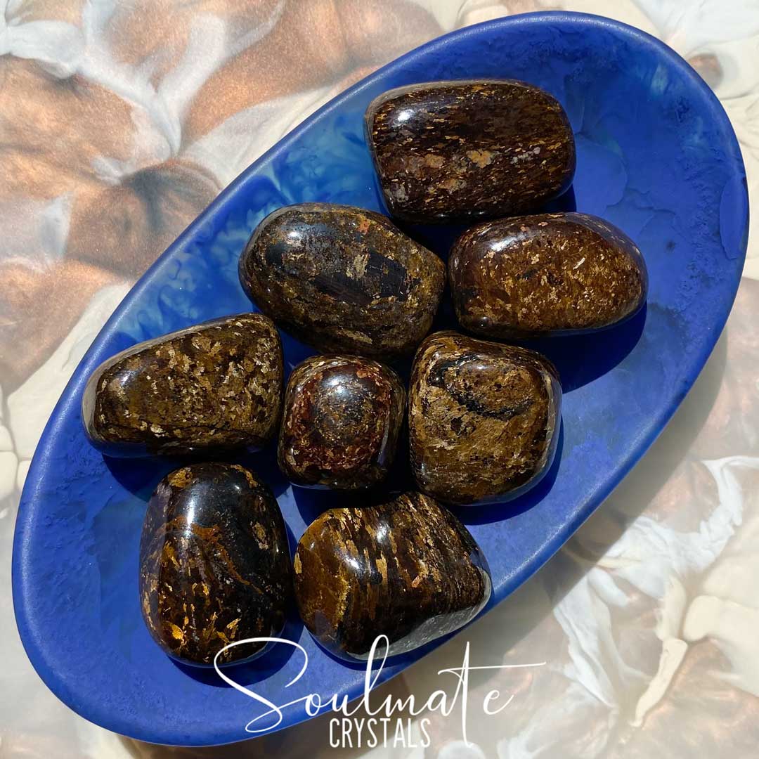 Soulmate Crystals Bronzite Tumbled Stone, Polished Chatoyant Golden Brown Crystal for Grounding, Protection, Assertiveness, Discernment.