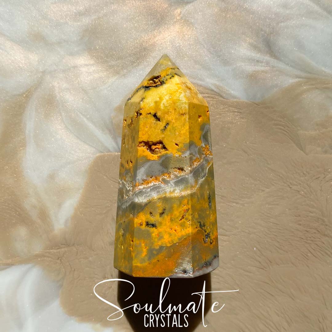 Soulmate Crystals Bumblebee Jasper Eclipse Stone Polished Point, Vibrant Yellow Polished Point for Manifestation