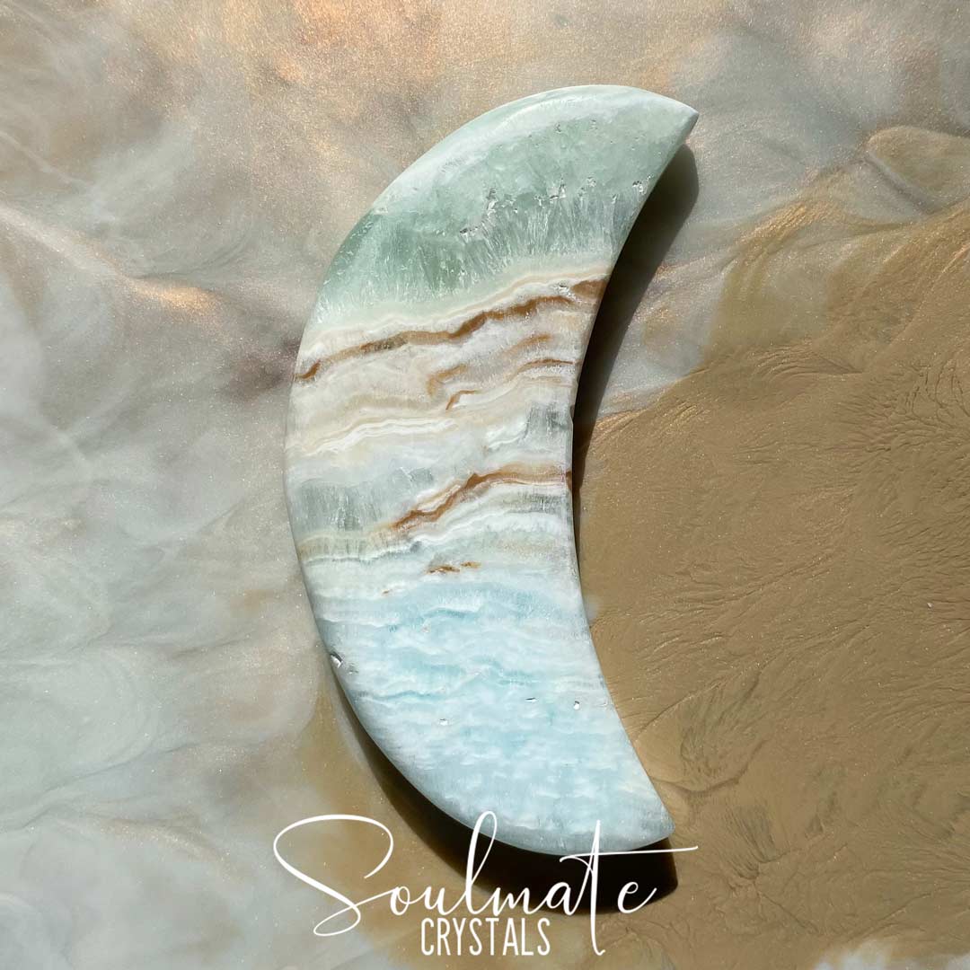 Soulmate Crystals Caribbean Calcite Polished Cresent Moon, Light Aqua Blue Crystal for Serenity, Meditation, Relaxation