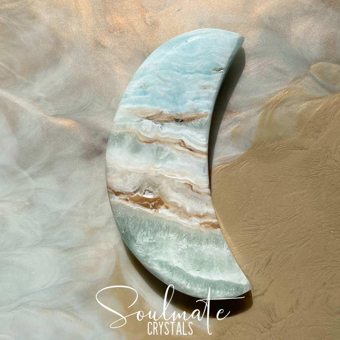 Soulmate Crystals Caribbean Calcite Polished Cresent Moon, Light Aqua Blue Crystal for Serenity, Meditation, Relaxation