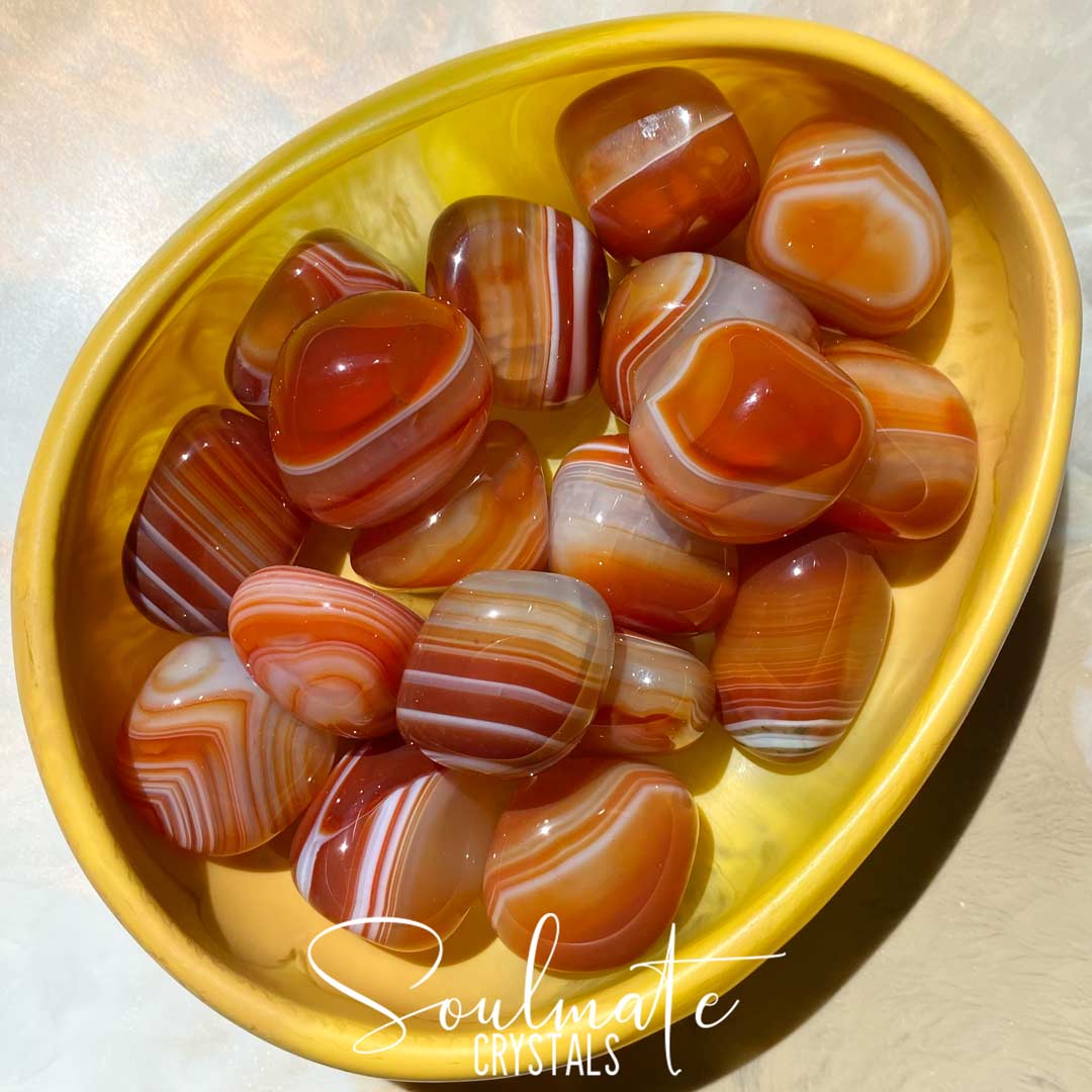 Soulmate Crystals Carnelian Banded Tumbled Stone, Polished White Banded, Orange Crystal for Mindfulness, Vitality and Creativity