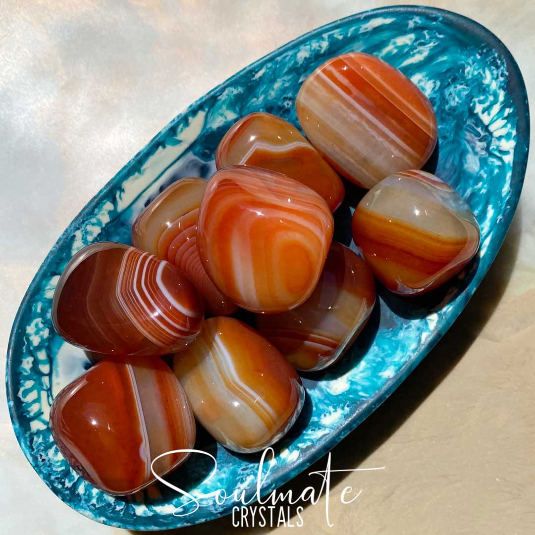 Soulmate Crystals Carnelian Banded Tumbled Stone, Polished White Banded, Orange Crystal for Mindfulness, Vitality and Creativity