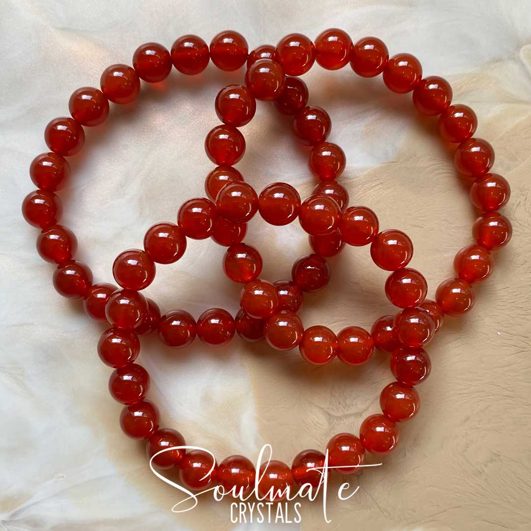 Soulmate Crystals Carnelian Polished Crystal Bracelet, Deep Orangey Red Crystal for Mindfulness, Vitality, Creativity, Beaded Bracelet, Jewellery, Jewelry, Wearable Crystal Jewellery.