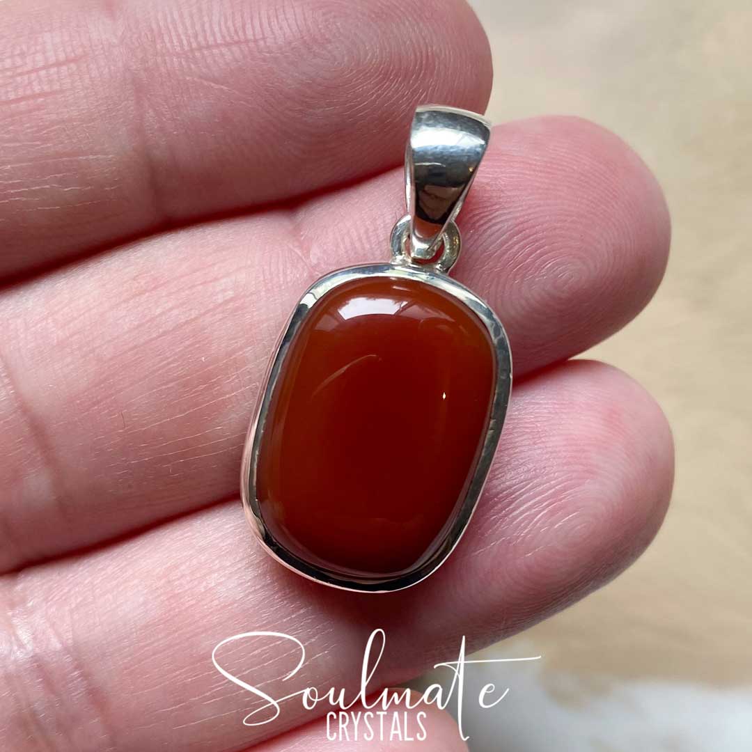 Soulmate Crystals Carnelian Polished Crystal Pendant Oblong Sterling Silver, Orange Crystal for Vitality, Creativity, Joy, Mindfulness, Crystal Jewellery.