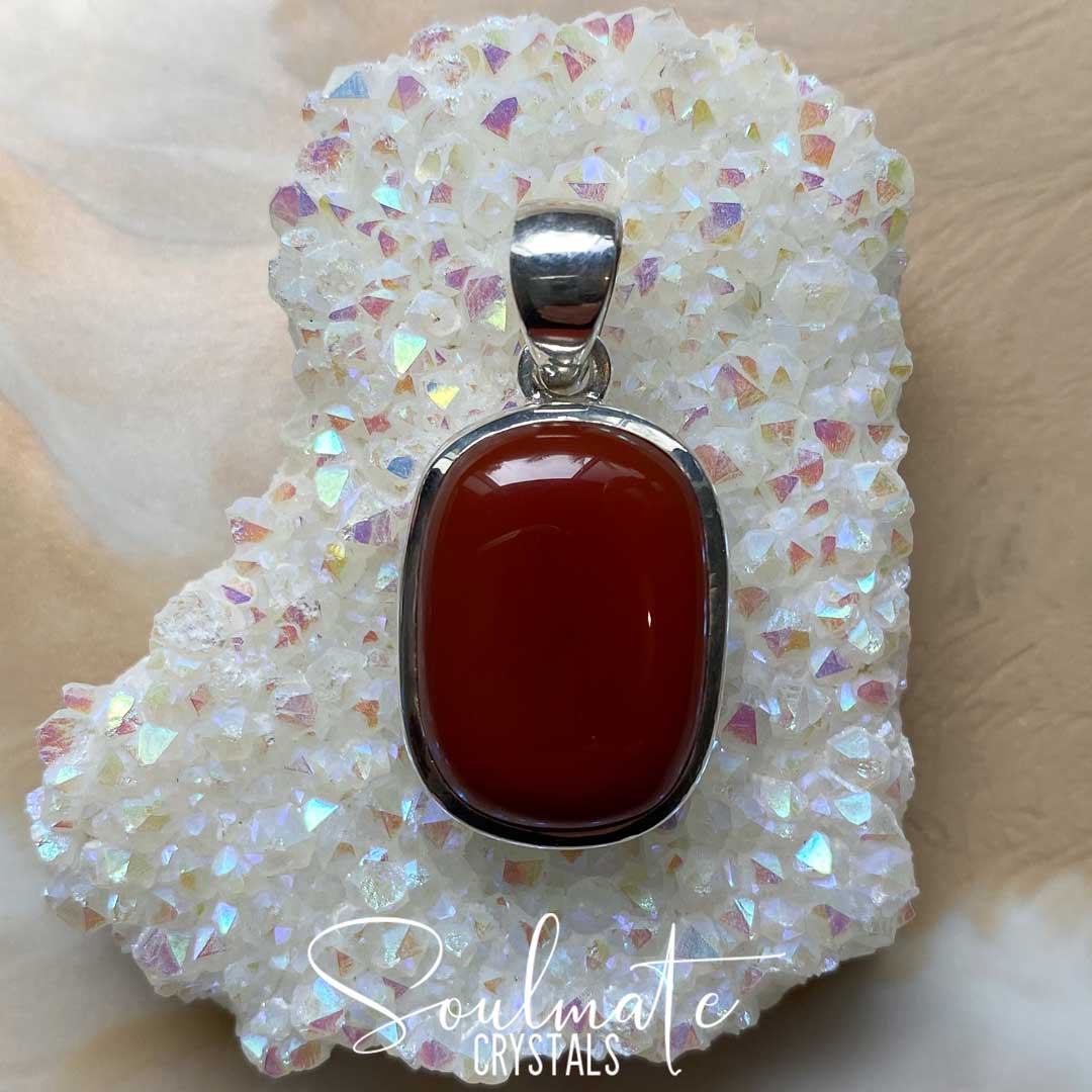 Soulmate Crystals Carnelian Polished Crystal Pendant Oblong Sterling Silver, Orange Crystal for Vitality, Creativity, Joy, Mindfulness, Crystal Jewellery.