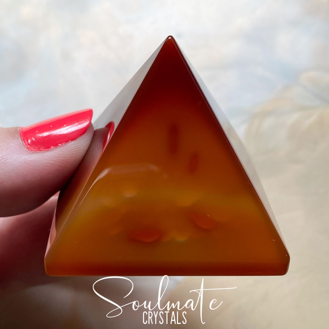 Soulmate Crystals Carnelian Polished Crystal Pyramid, Orange Crystal for Mindfulness, Vitality, Creativity.