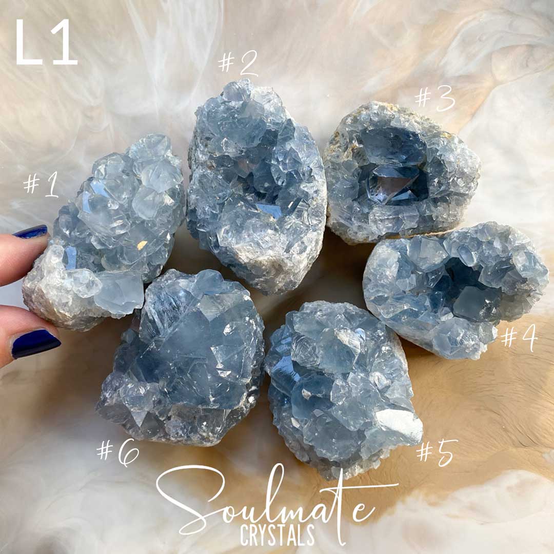 Soulmate Crystals Celestite Raw Natural Geode Cluster, Gemmy Blue Crystal for Calm, Spiritual Development, Serenity and Sleep.