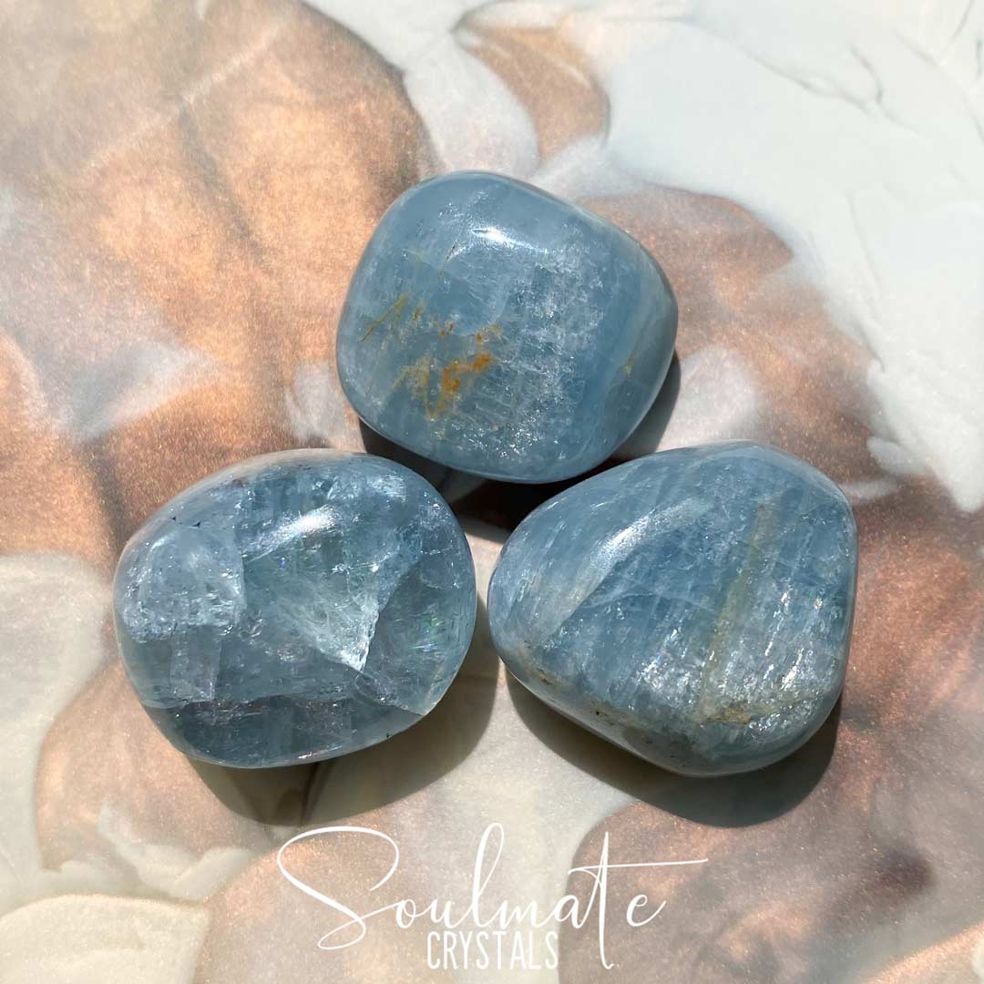 Soulmate Crystals Celestite Tumbled Stone, Pale Blue Crystal for Peace, Serenity, Size Large, Grade AA