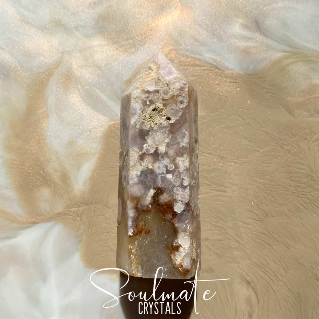 Soulmate Crystals Cherry Blossom Flower Agate Polished Point, Blush Crystal for Positivity and Expansion