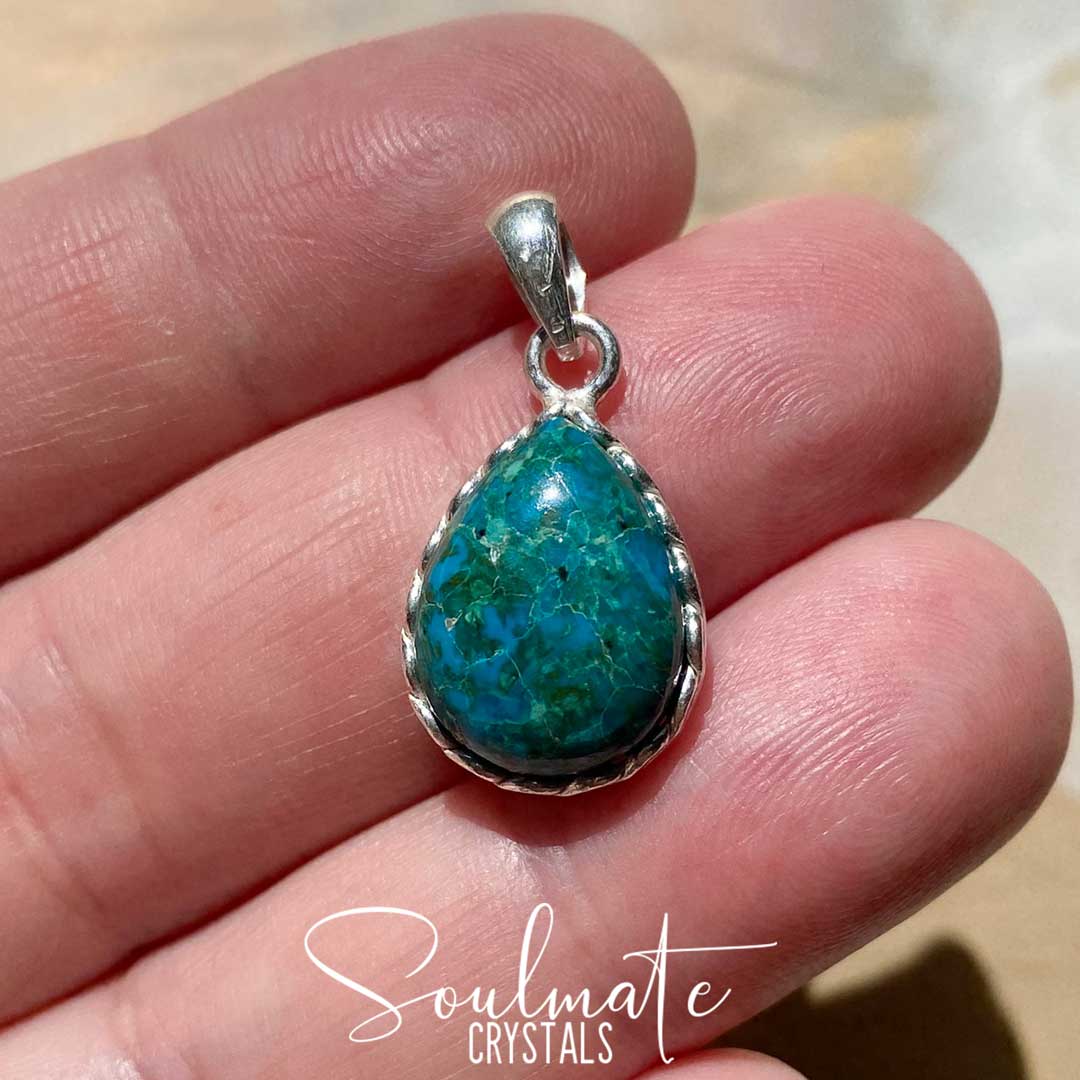 Soulmate Crystals Chrysocolla Polished Crystal Pendant Teardrop Sterling Silver, Teal Green Blue Crystal for Creative Potential, Divine Feminine, Harmony, Flow and Empowerment, Pendant, Jewellery, Jewelry, Wearable Crystal Jewellery.