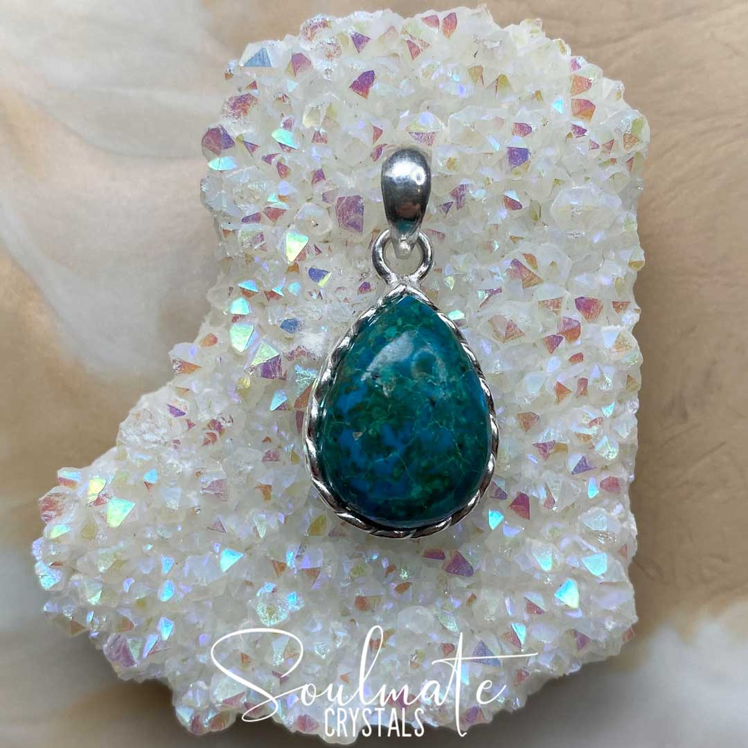 Soulmate Crystals Chrysocolla Polished Crystal Pendant Teardrop Sterling Silver, Teal Green Blue Crystal for Creative Potential, Divine Feminine, Harmony, Flow and Empowerment, Pendant, Jewellery, Jewelry, Wearable Crystal Jewellery.