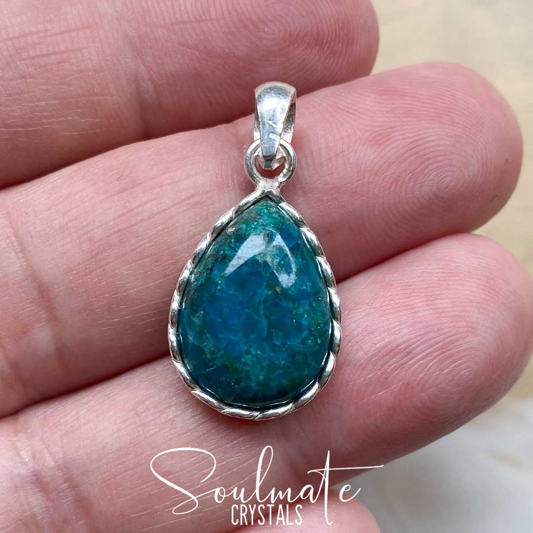 Soulmate Crystals Chrysocolla Polished Crystal Pendant Teardrop Sterling Silver, Teal Green Blue Crystal for Creative Potential, Divine Feminine, Harmony, Flow and Empowerment, Pendant, Jewellery, Jewelry, Wearable Crystal Jewellery.