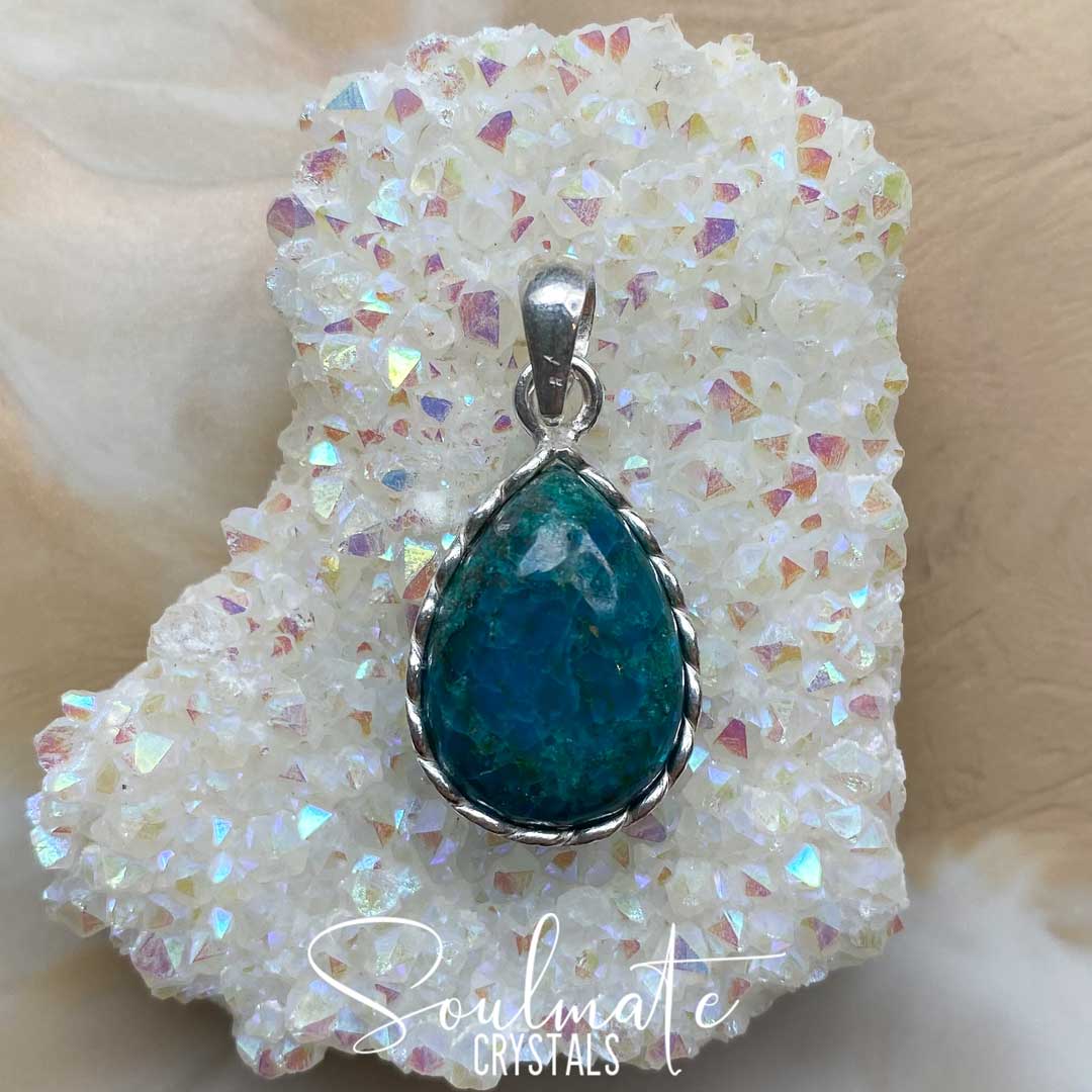 Soulmate Crystals Chrysocolla Polished Crystal Pendant Teardrop Sterling Silver, Teal Green Blue Crystal for Creative Potential, Divine Feminine, Harmony, Flow and Empowerment, Pendant, Jewellery, Jewelry, Wearable Crystal Jewellery.