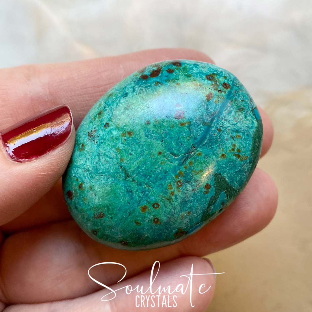 Soulmate Crystals Chrysocolla Polished Crystal Palm Stone, Teal Green Blue Crystal for Creative Potential, Divine Feminine, Harmony, Flow and Empowerment