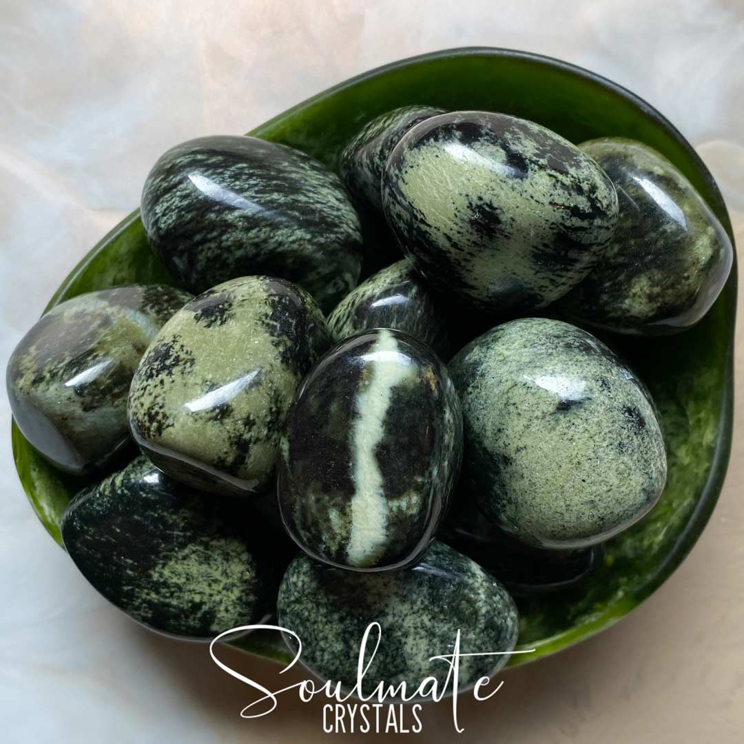 Soulmate Crystals Chytha Tumbled Stone, Polished Combination Serpentine Jade, Light and Dark Green Crystal for Confidence, Strength, Renewal, Prosperity and Heart-Mind Connection
