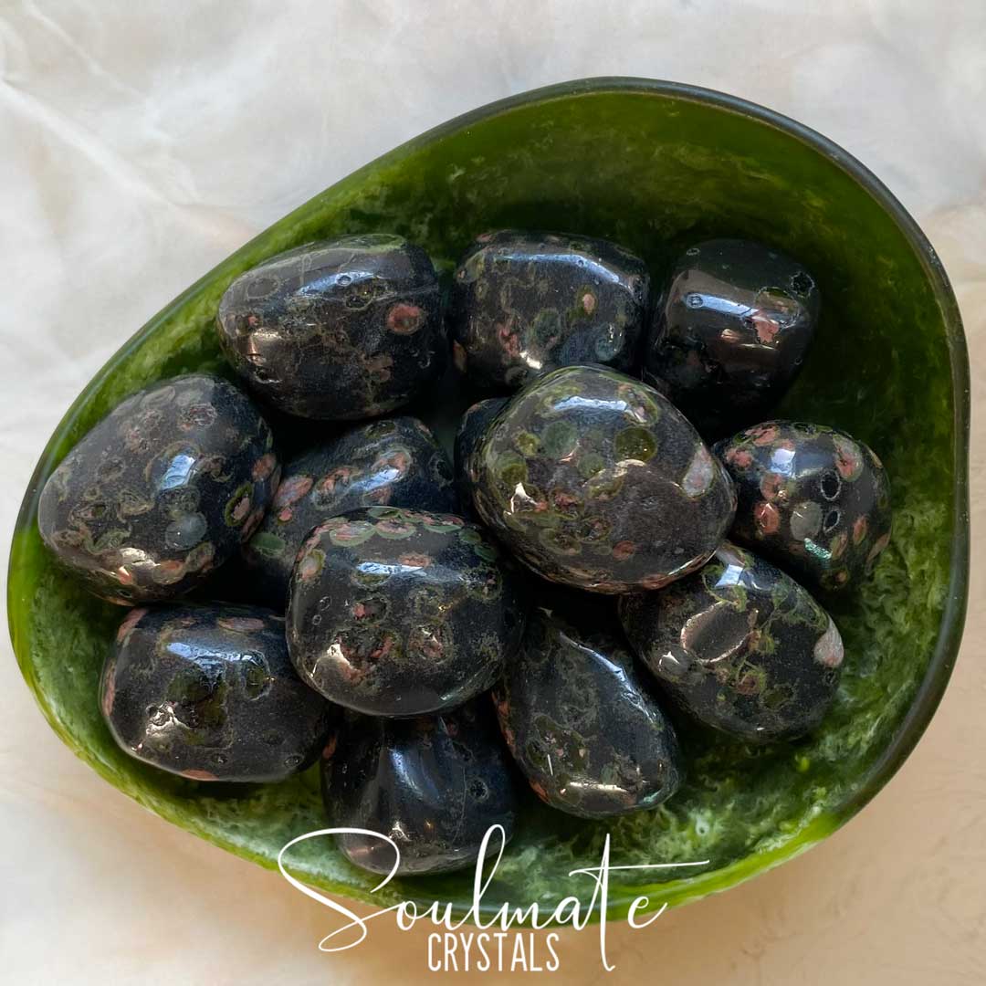 Soulmate Crystals Cinnabar Peridotite Tumbled Stone, Polished Red Green Spotted Black Crystal for Perspective, Vitality, Persuasiveness, Manifestation, Merchant Stone, Alchemy, Size Large