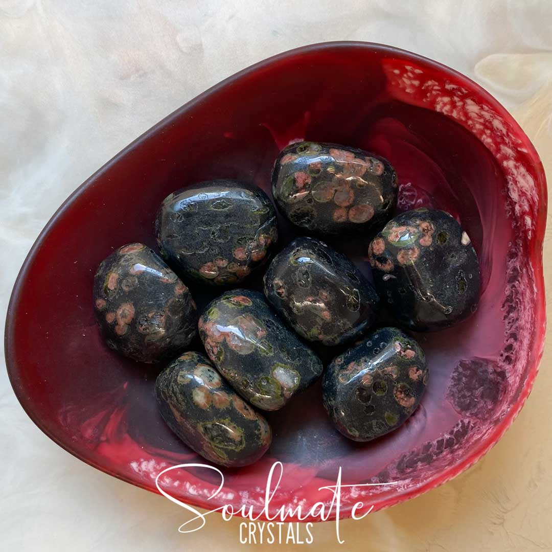 Soulmate Crystals Cinnabar Peridotite Tumbled Stone, Polished Red Green Spotted Black Crystal for Perspective, Vitality, Persuasiveness, Manifestation, Merchant Stone, Alchemy.
