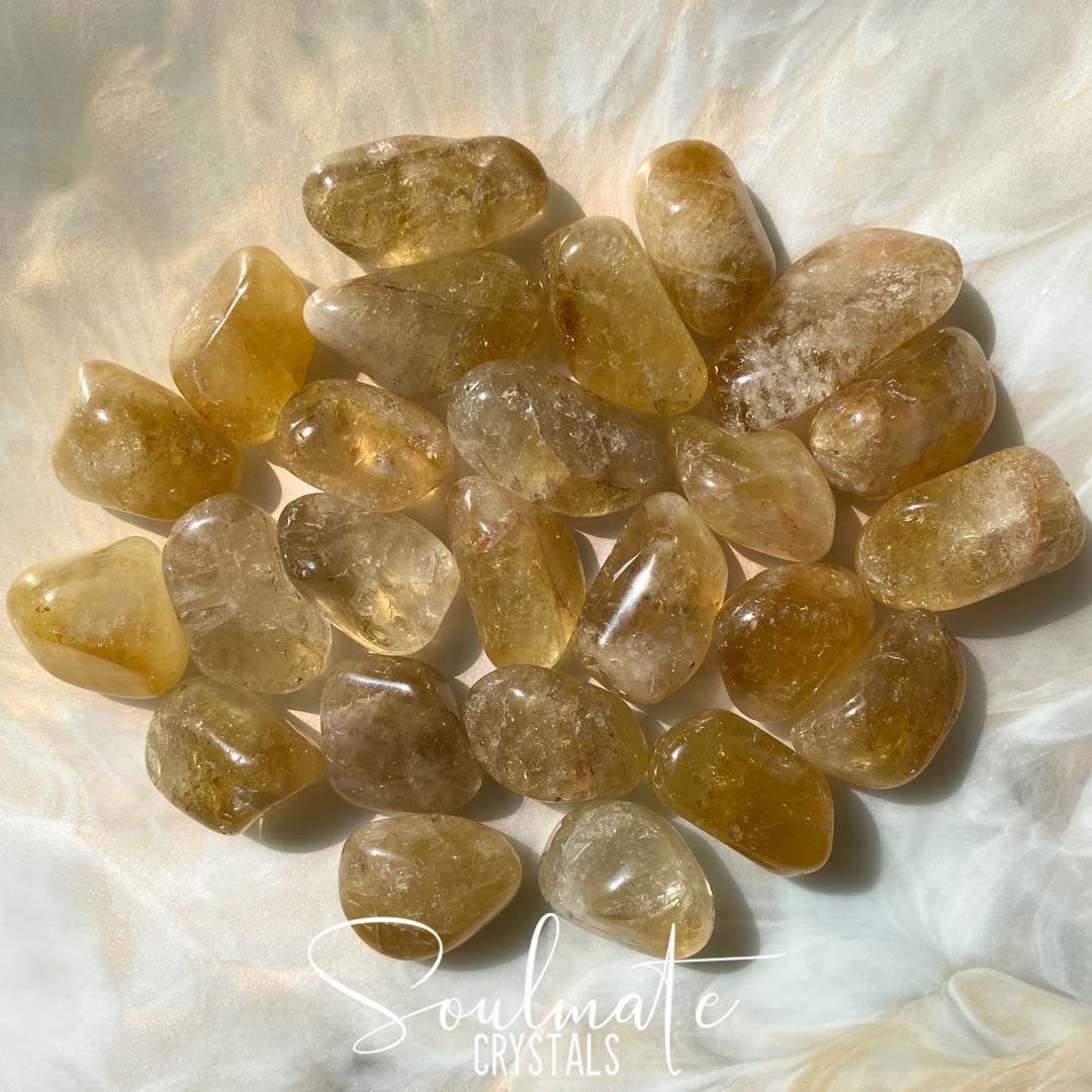 Soulmate Crystals Citrine Natural Tumbled Stone, Gemmy Golden Yellow Crystal for Prosperity, Happiness, Manifestation, Positivity and Personal Power, Size Medium-Large