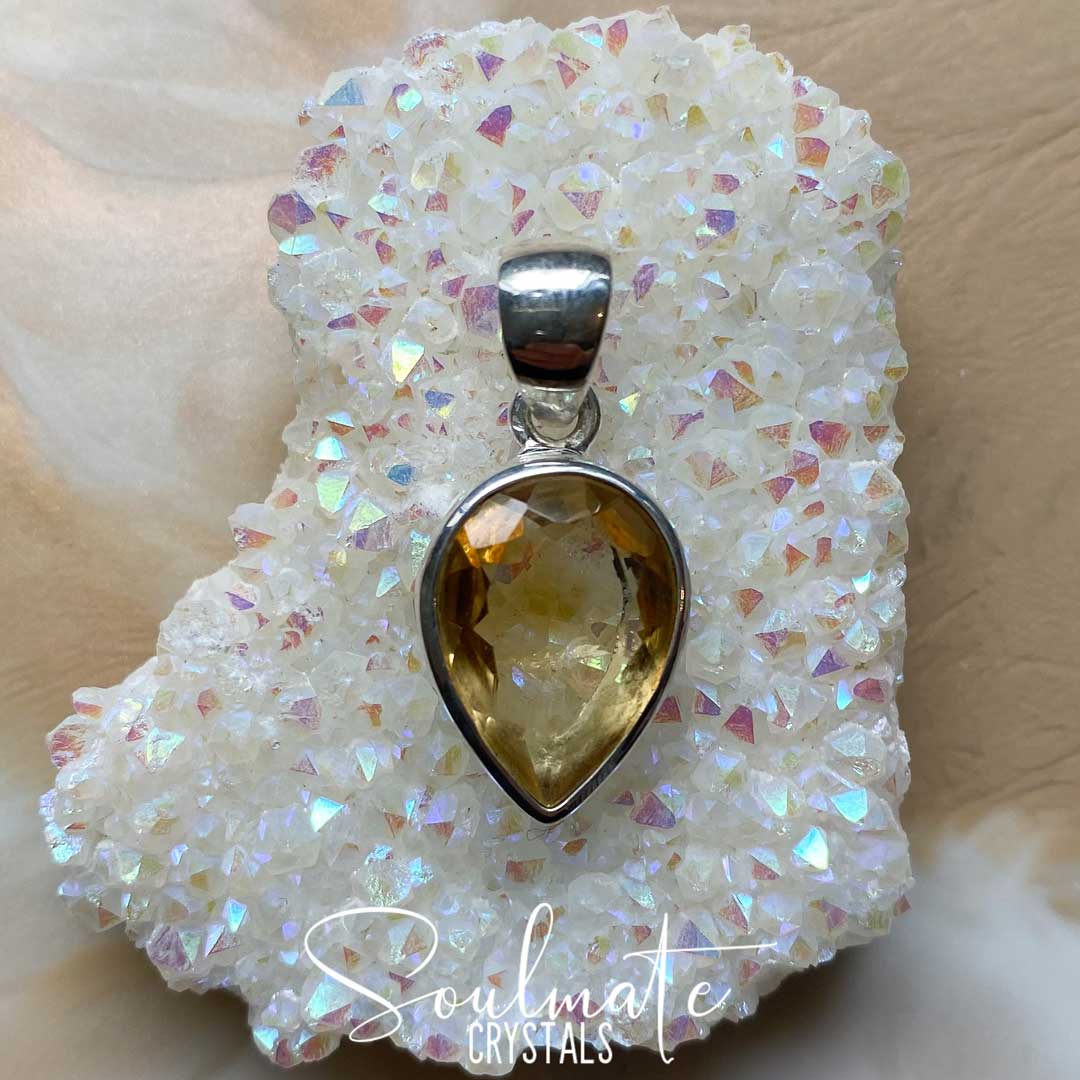 Soulmate Crystals Citrine Polished Crystal Pendant Faceted Teardrop Sterling Silver, Gemmy Golden Yellow Crystal for Prosperity, Happiness, Manifestation, Positivity and Personal Power, Pendant, Jewellery, Jewelry, Wearable Crystal Jewellery.