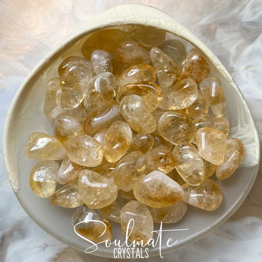 Soulmate Crystals Citrine Tumbled Stone, Gemmy Golden Yellow Crystal for Prosperity, Happiness, Manifestation, Positivity and Personal Power, Grade A