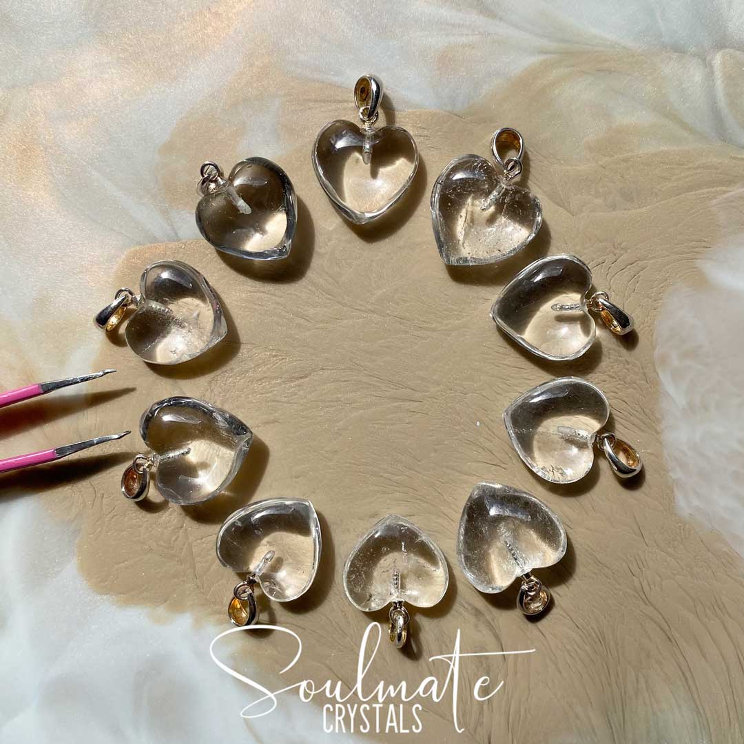 Soulmate Crystals Clear Quartz Sterling Silver Crystal Heart Pendant XS Grade AA, Clear Crystal for Amplification, Manifestation