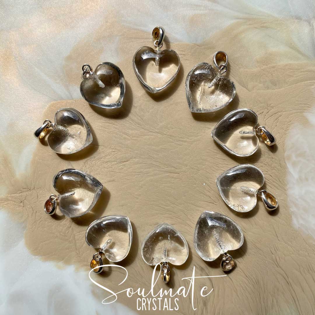 Soulmate Crystals Clear Quartz Sterling Silver Crystal Heart Pendant XS Grade AA, Clear Crystal for Amplification, Manifestation