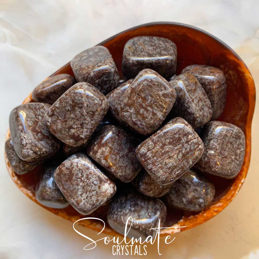 Soulmate Crystals Coffee Snowflake Obsidian Tumbled Stone, Cream-White Speckled Brown Volcanic Glass Crystal for Stability and Calm, Size Medium