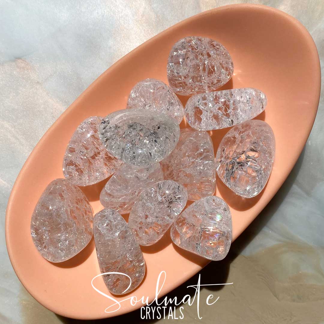 Soulmate Crystals Crackle Quartz Tumbled Stone, Clear Quartz Crackled Stone for Positivity, Clarity, Inspiration