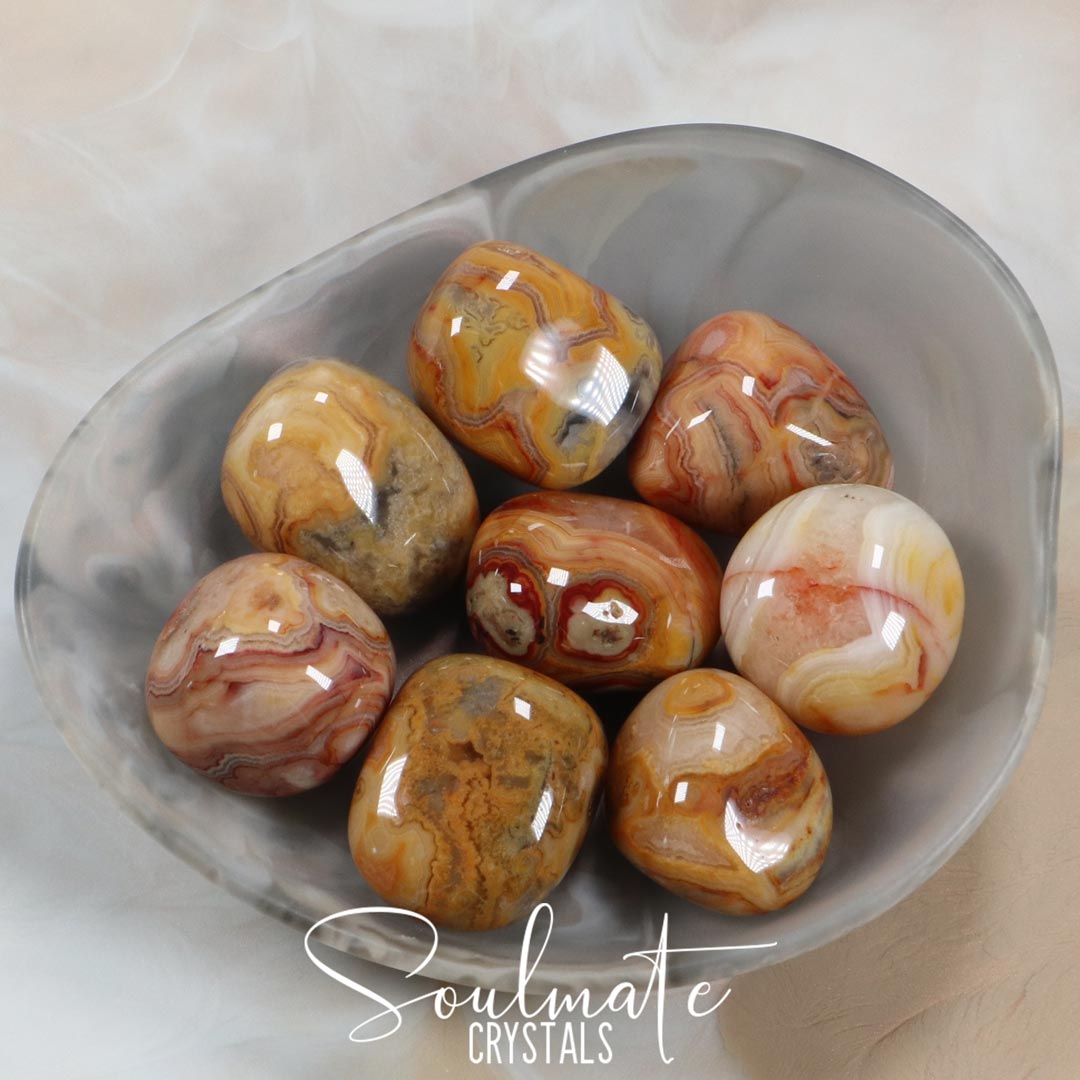 Soulmate Crystals Crazy Lace Agate Yellow Tumbled Stone, Patterned Yellow Crystal for Laughter, Happiness, Vitality and Emotional Stability, Size Large
